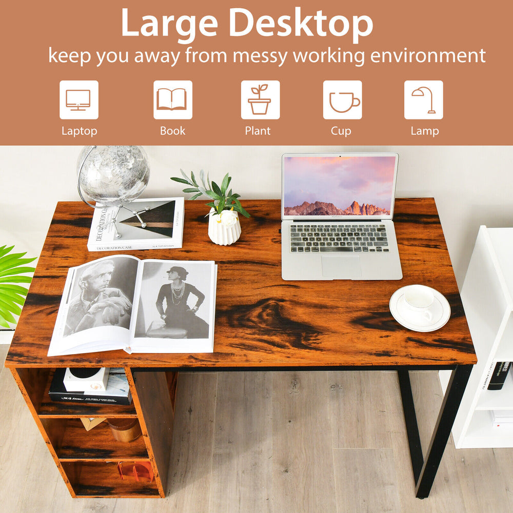 Rustic brown computer desk with large desktop and 5 side shelves, perfect for home office organization and workspace.