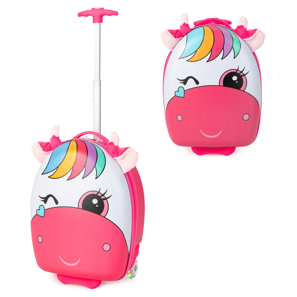 Kids rolling luggage in pink with a unicorn design, featuring 2 flashing wheels and a telescoping handle for easy.
