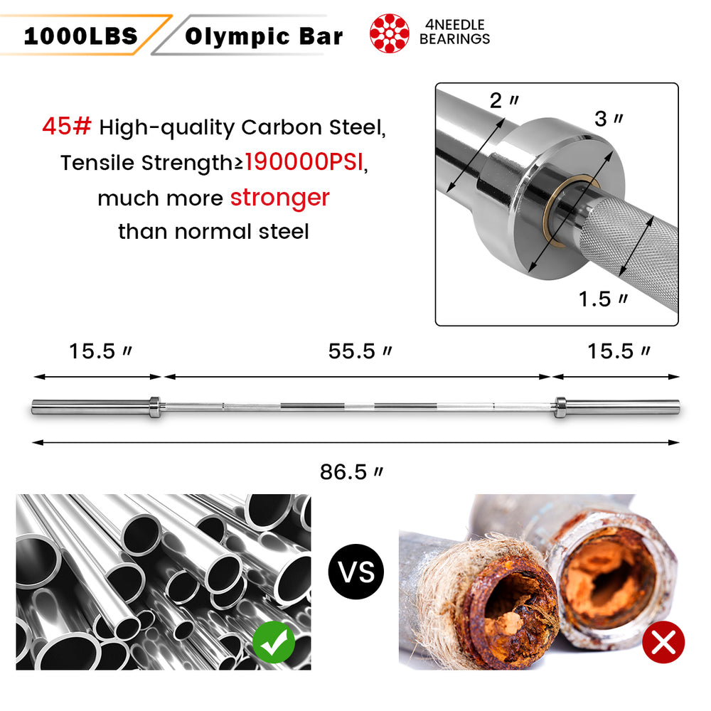 1000 lbs weight lifting barbell made of 45# carbon steel with chrome finish, featuring knurled handles for grip.
