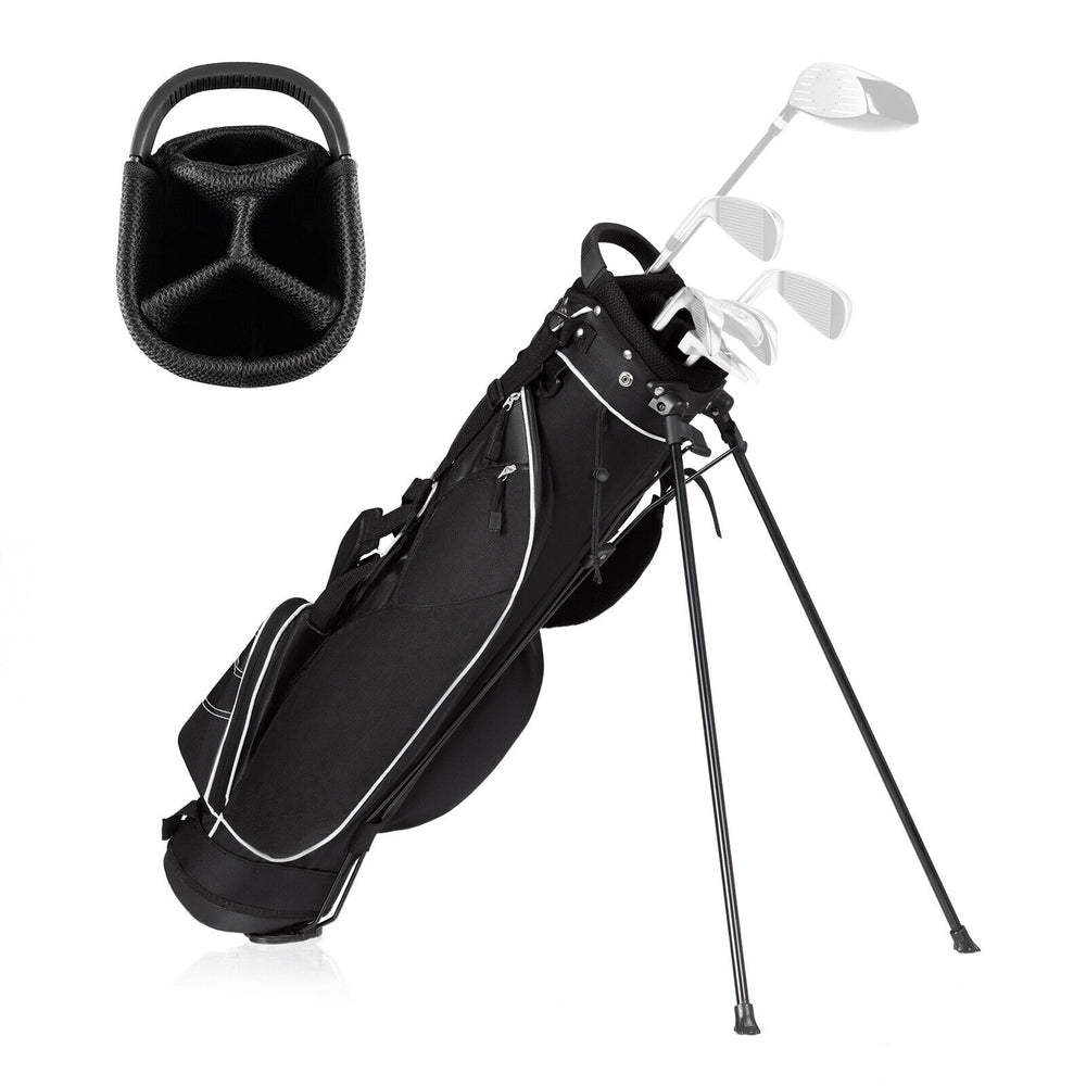 Side view of the 9-inch golf stand bag featuring a large golf ball pocket and a specially designed umbrella holder.