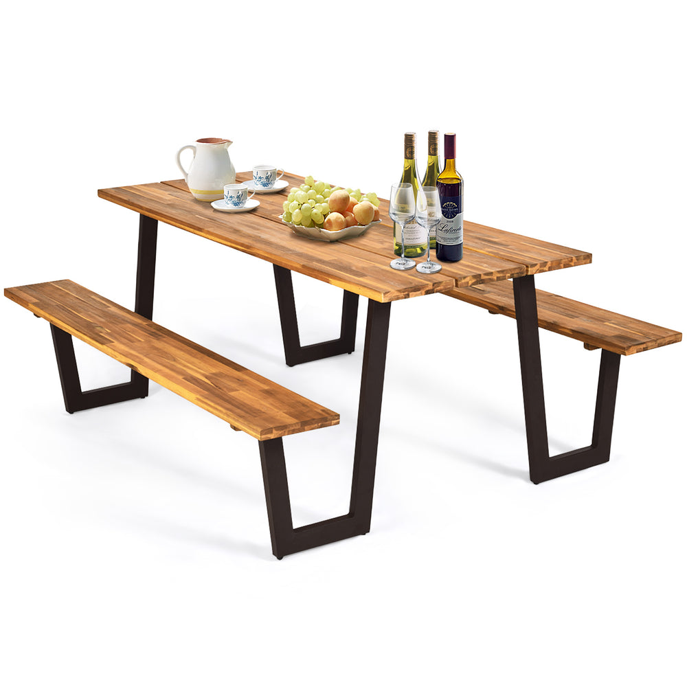 70-inch acacia wood dining table set with metal frame, featuring umbrella hole, perfect for outdoor backyard use.