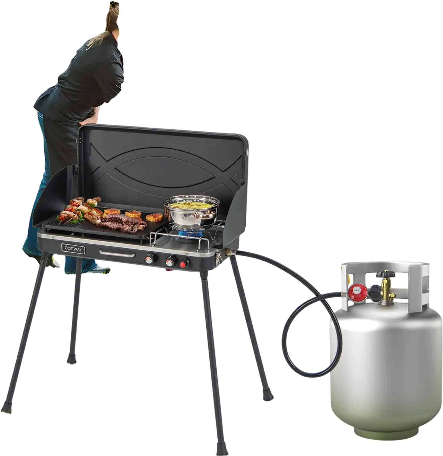 Costway 2-in-1 Gas Camping Grill Stove Black 52179483 New