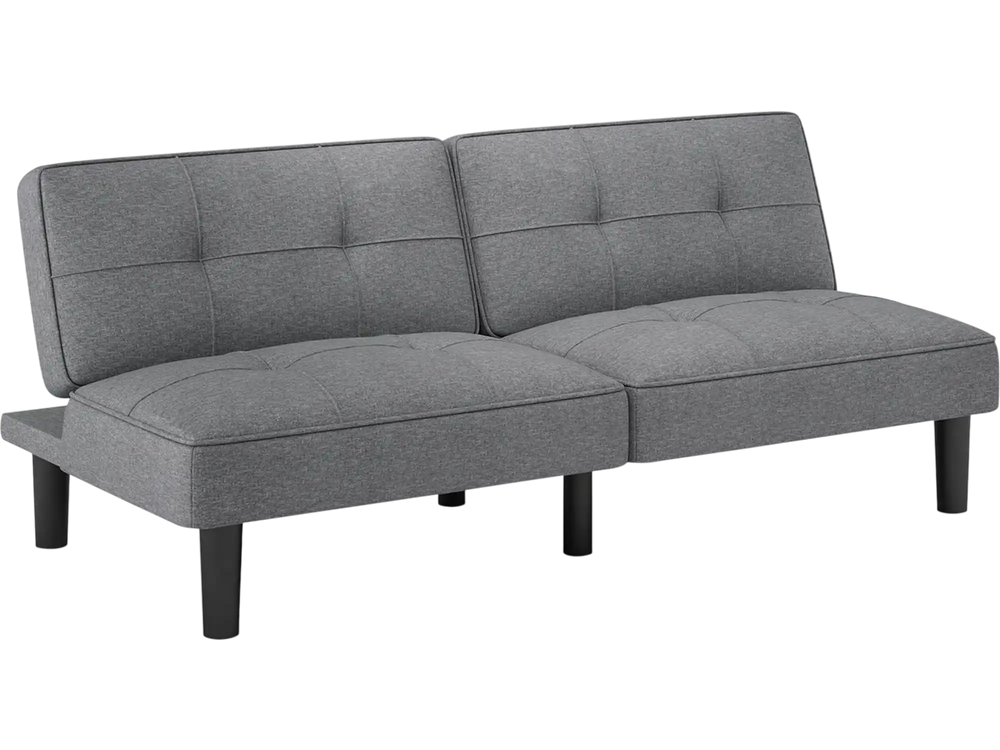 Convertible gray futon sofa bed with 6-position adjustable backrest, ideal for relaxing or providing extra sleeping.