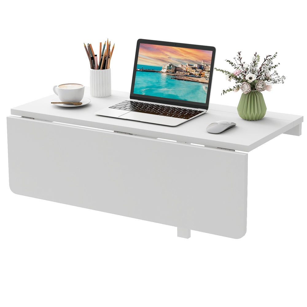 Wall-mounted folding table in white, 31.5 x 23.5 inches, perfect for small spaces and multifunctional use.