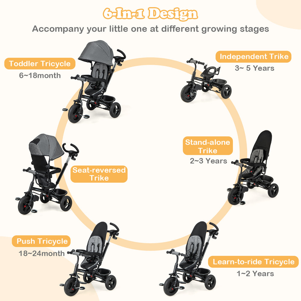 Toddler tricycle in gray with reversible seat, 5-point safety harness, adjustable canopy, and storage basket for.