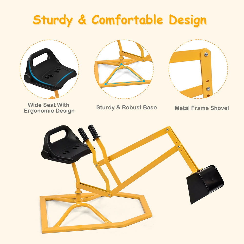 Side view of the heavy-duty kid ride-on sand digging digger, featuring a sturdy yellow frame and ergonomic design for.