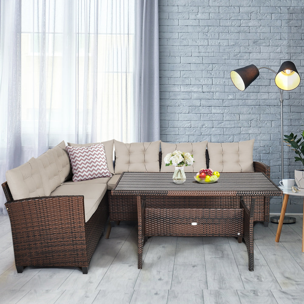 Sectional 3-piece hand-woven rattan outdoor sofa set with dining table, featuring soft cushions for comfort and.