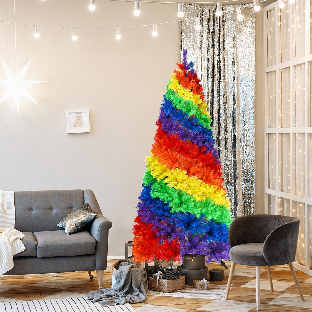 Colorful 7-foot artificial Christmas tree with 1213 rainbow branch tips, ideal for indoor and outdoor holiday.