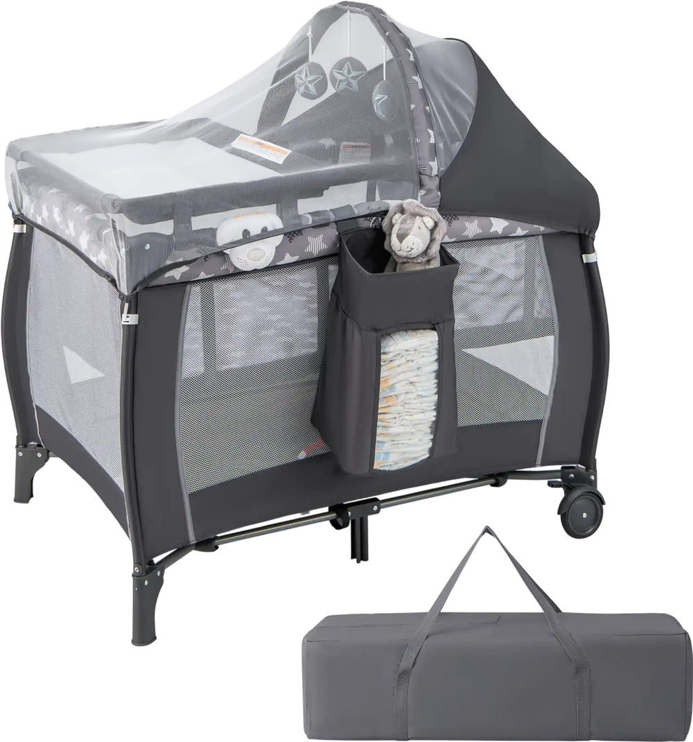 Portable baby nursery center in gray with detachable canopy, changing table, and wheels for easy travel and storage.