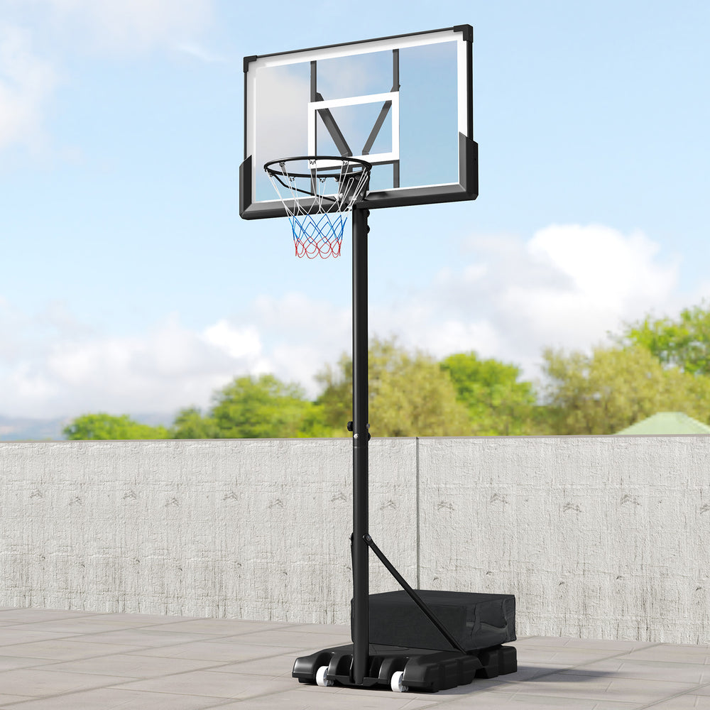 Portable basketball hoop with adjustable height, sturdy base, and large backboard for outdoor play and practice.
