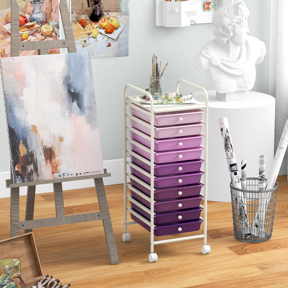 10 Drawer Rolling Storage Cart Organizer with 4 Universal Casters-Purple - Gallery View 1 of 9