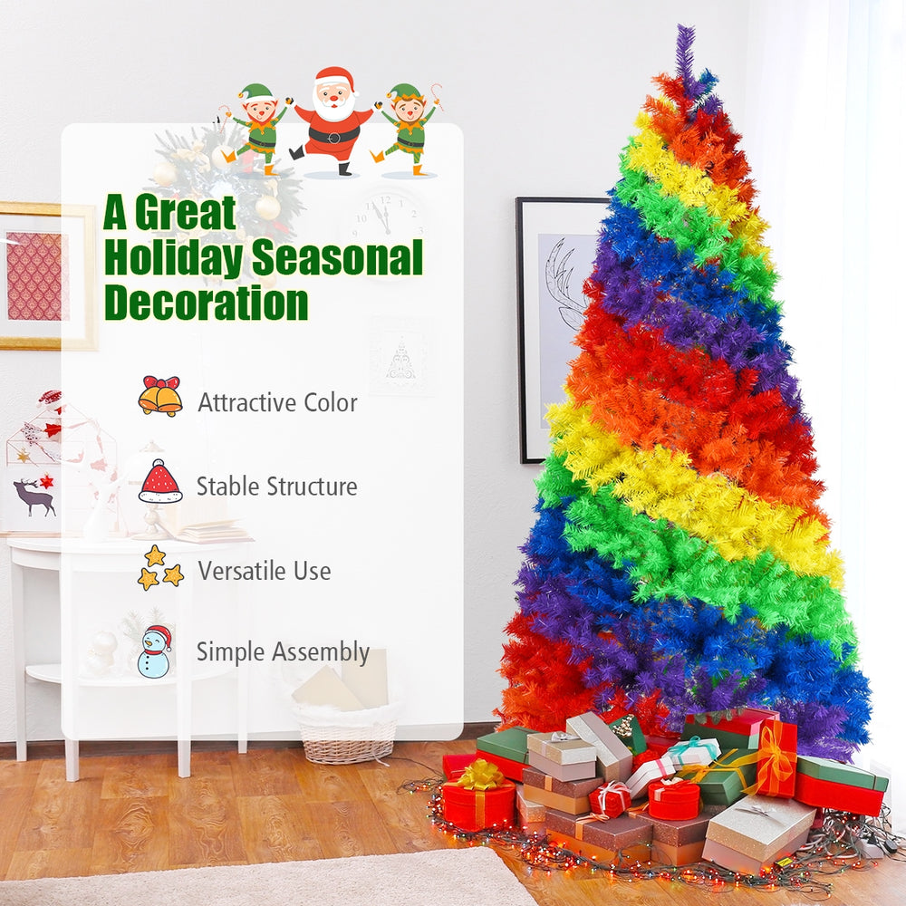 Colorful 7-foot artificial Christmas tree with 1213 rainbow branch tips, perfect for indoor and outdoor holiday.