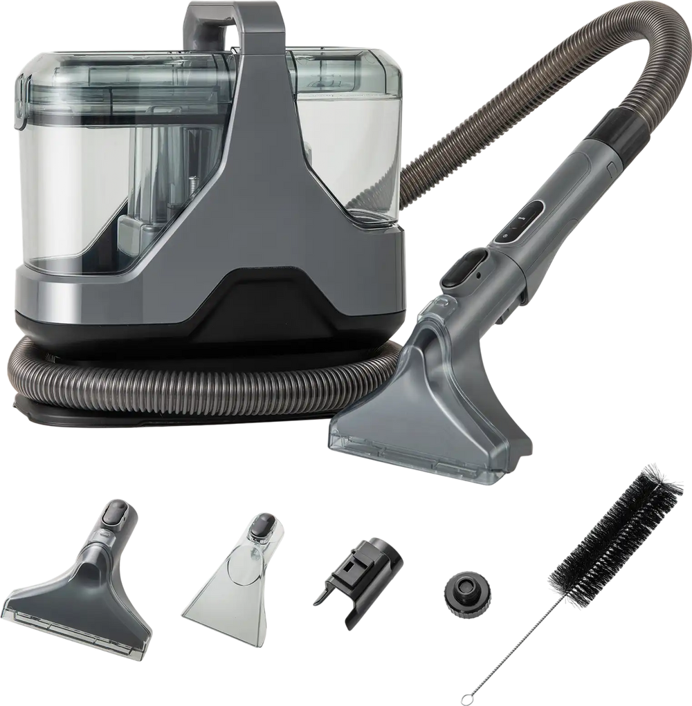 600W upholstery cleaner machine in gray with versatile attachments for deep cleaning couches, carpets, and stairs.