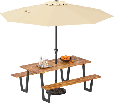 Costway 3-Pc Outdoor Dining Picnic Table Set for 6 w/ 10' Umbrella & Base 864295137 New