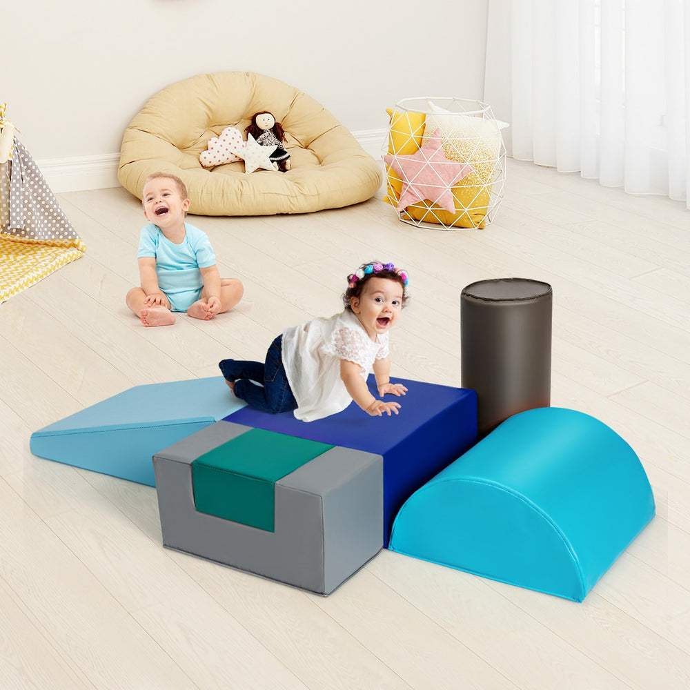 Light blue climbing block from a 6-piece indoor play set, perfect for toddlers' crawling and sliding activities.