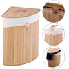 Corner bamboo laundry hamper with a durable design, retractable liner, and convenient PU leather handles for easy.