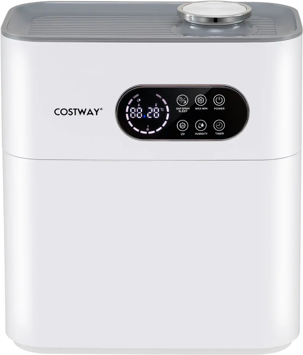 Top-fill 1.7-gallon cool mist humidifier in white with remote control and adjustable humidity for large rooms and bedrooms.