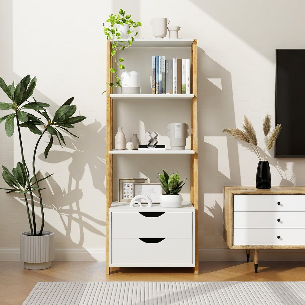 4-Tier Ladder Bookshelf Storage Display with 2 Drawers-White - Gallery View 1 of 9