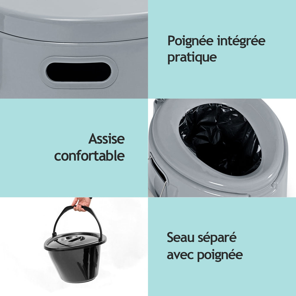Portable 5L travel toilet with removable inner bucket, paper holder, and ergonomic design for outdoor convenience.