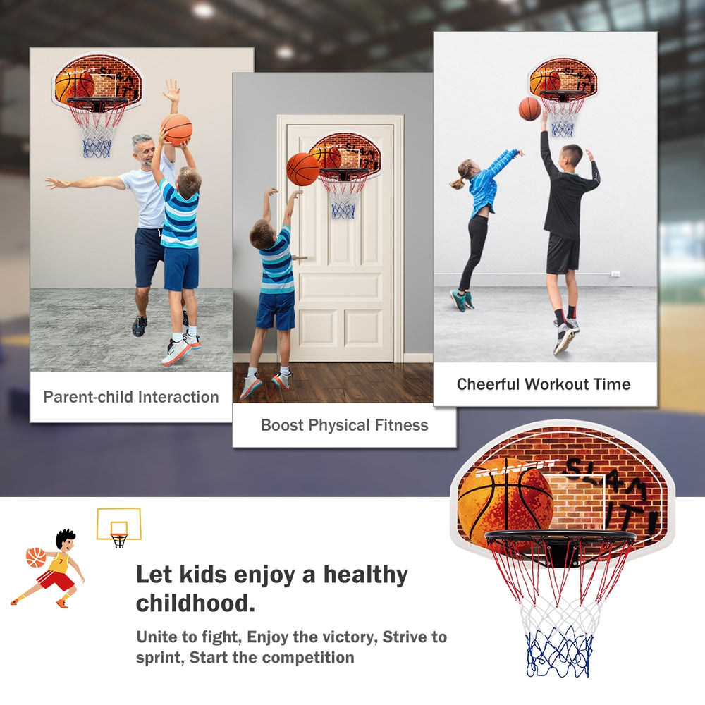 Wall mounted basketball hoop with a 29" x 20" backboard, perfect for indoor or outdoor play for kids and adults.