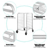 Aluminum rolling bakery pan rack with 10 tiers, smooth edges, and durable design for easy storage and mobility.