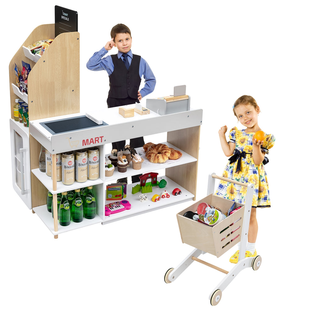 Grocery store playset featuring a checkout counter, shopping cart, and various accessories for imaginative play.