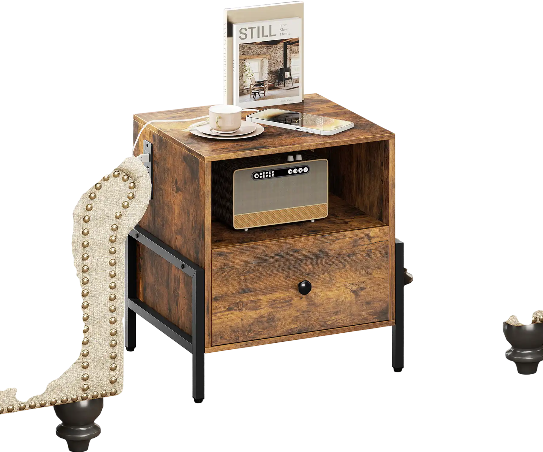 Costway Nightstand Sofa Side Table with Charging Station Drawer Rustic Brown 532974861 New
