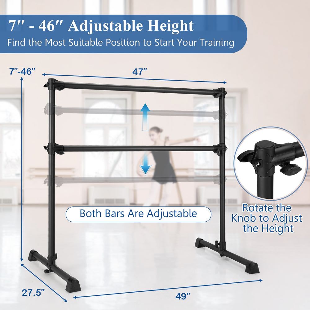 Adjustable double ballet barre in black, height 7"-46", sturdy iron construction for safe dancing and stretching.
