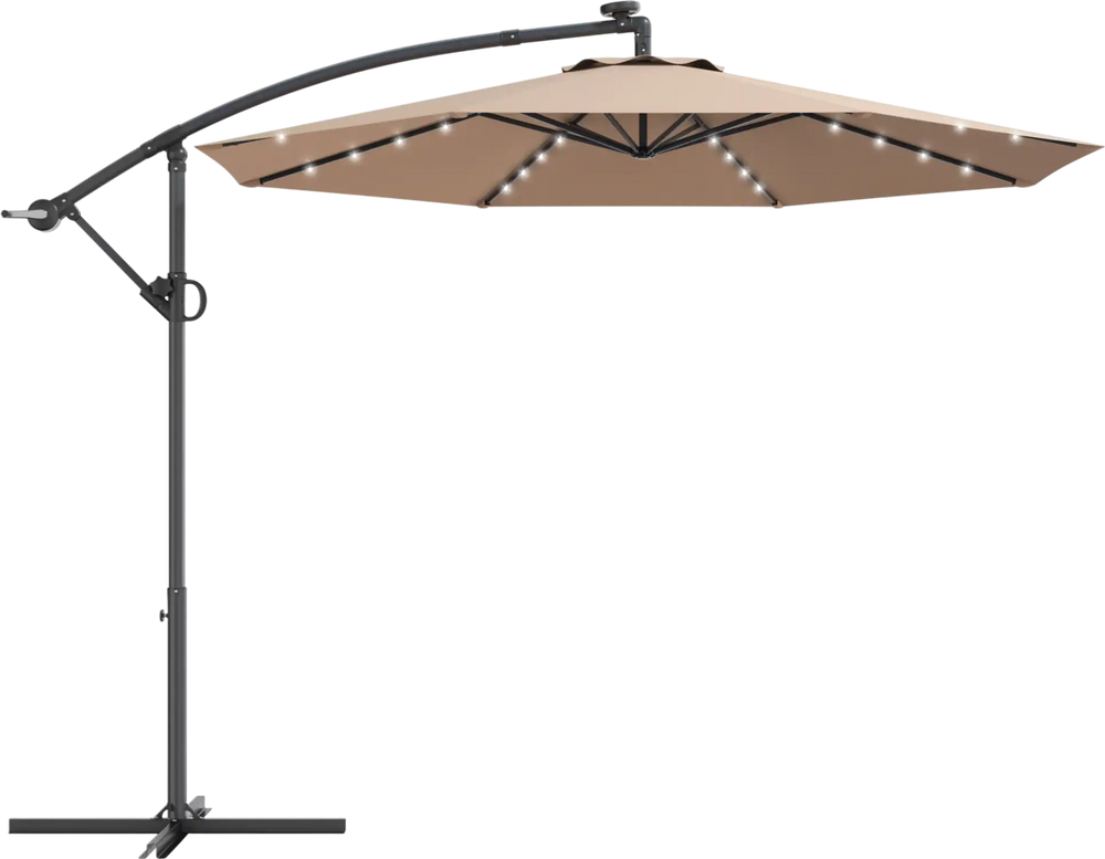 10 ft solar-powered LED patio offset umbrella in beige with 360° rotation and weather-resistant fabric for outdoor use.