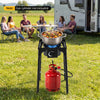 Single burner propane stove with 80000 BTU output, adjustable regulator, and hose, perfect for camping and outdoor cooking.
