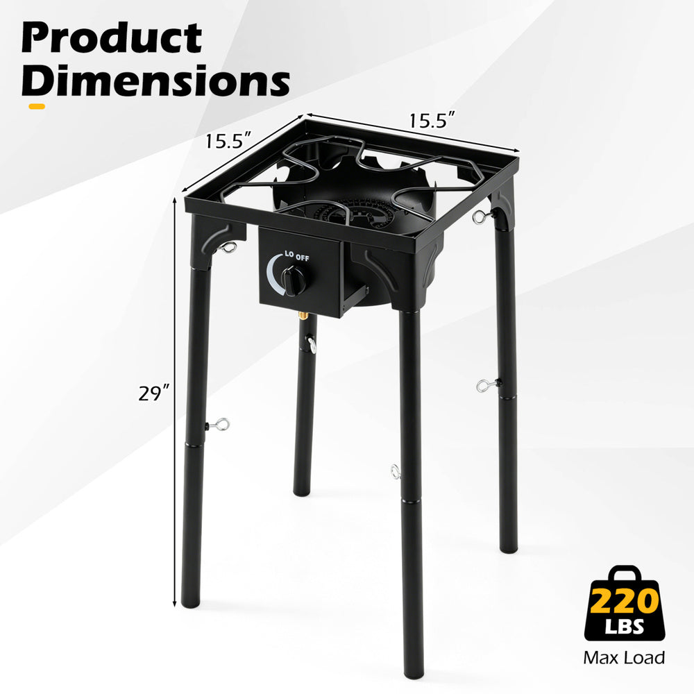 1 Burner Propane Stove with adjustable regulator, 80000 BTU output, and sturdy legs, perfect for camping and outdoor cooking.