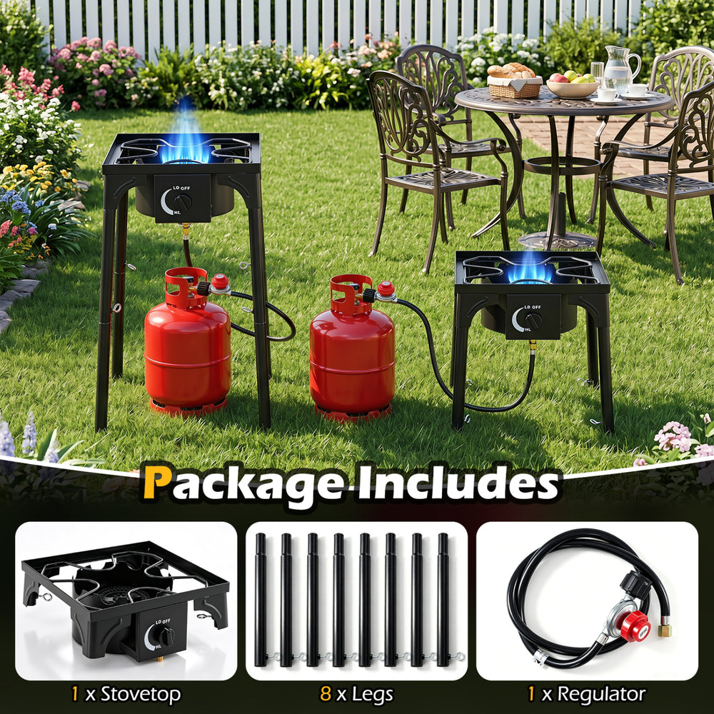1 Burner propane stove with adjustable regulator and hose, featuring 80000 BTU for outdoor cooking, camping, and BBQ.