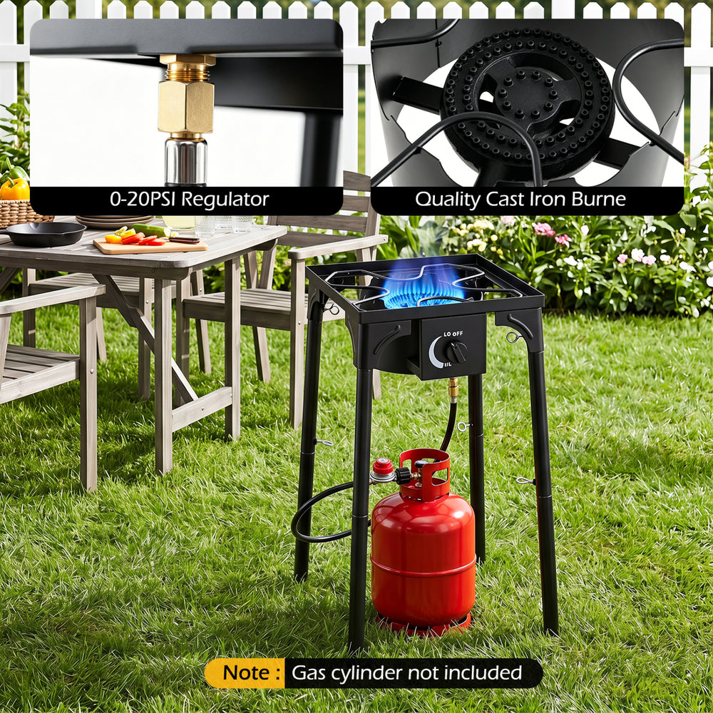 1 Burner propane stove with adjustable regulator and hose, featuring a durable cast iron burner for outdoor cooking.