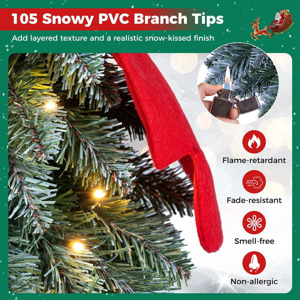 Mini tabletop Christmas tree with 105 snowy PVC branch tips and 20 warm white LED lights for festive holiday displays.