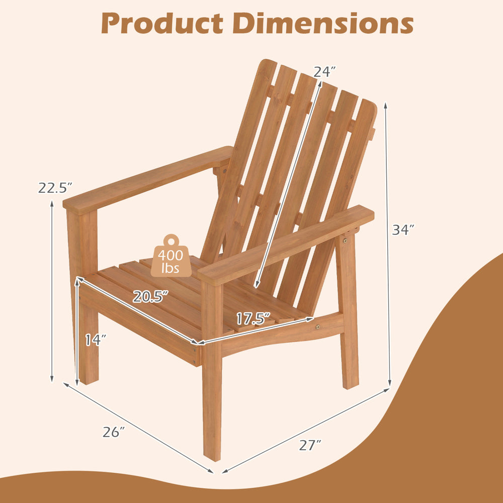 Acacia wood outdoor patio chair dimensions with slatted backrest and armrests, supports up to 400 lbs.