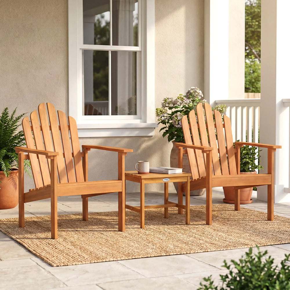 Stackable Adirondack chairs made of solid acacia wood, perfect for patio relaxation with a natural finish.