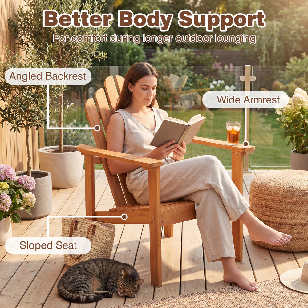 Stackable Adirondack chair made of solid acacia wood, featuring an angled backrest and wide armrests for patio comfort.