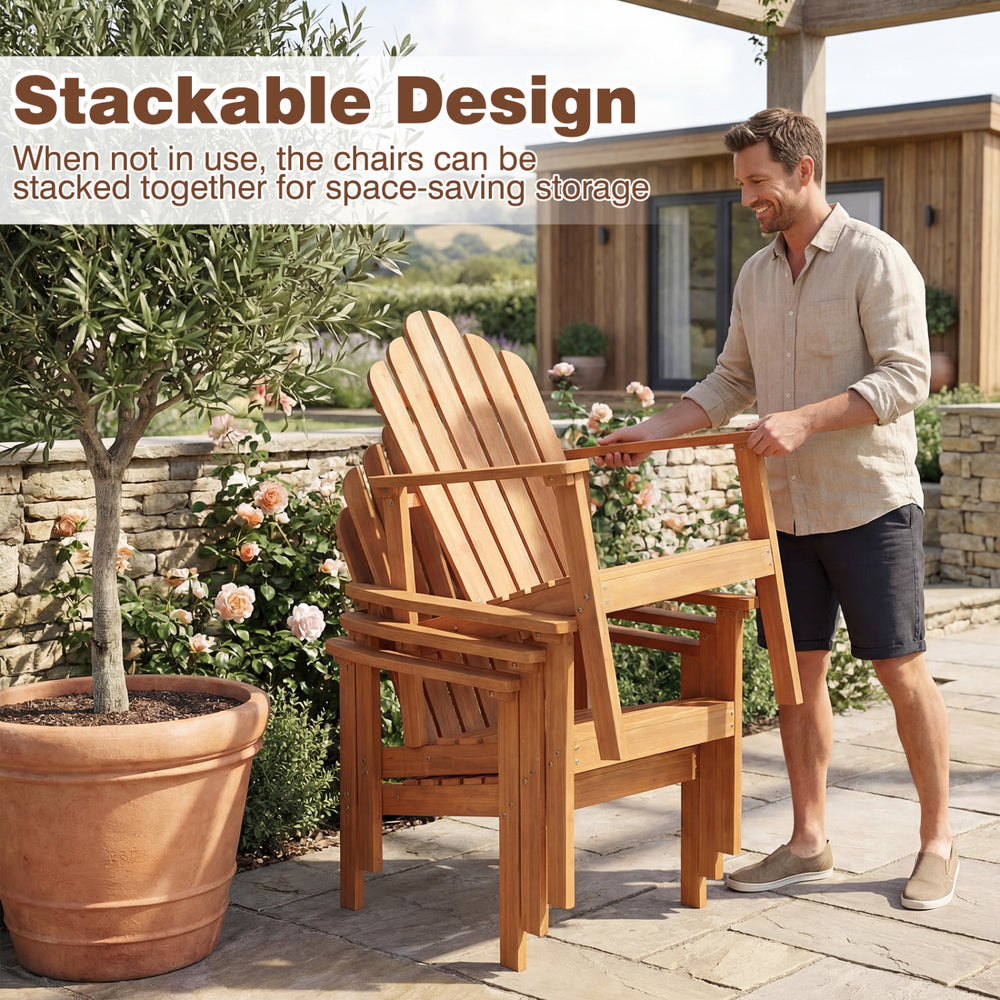 Stackable Adirondack chair made of solid acacia wood, ideal for patio storage and outdoor relaxation.