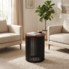 Elegant round coffee table made of solid acacia wood with a walnut finish, perfect for living room or home office use.