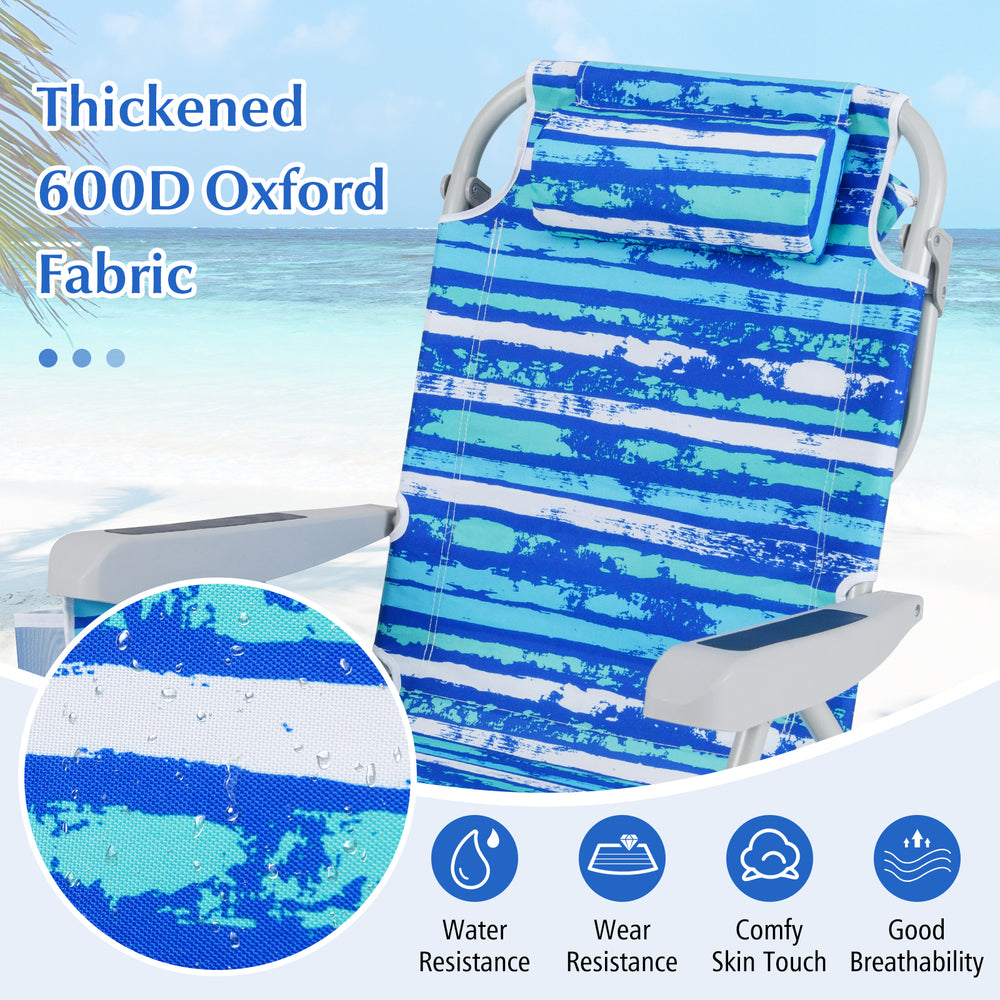 Foldable backpack beach chair in navy with 600D Oxford fabric, featuring adjustable backrest and cup holder for outdoor.