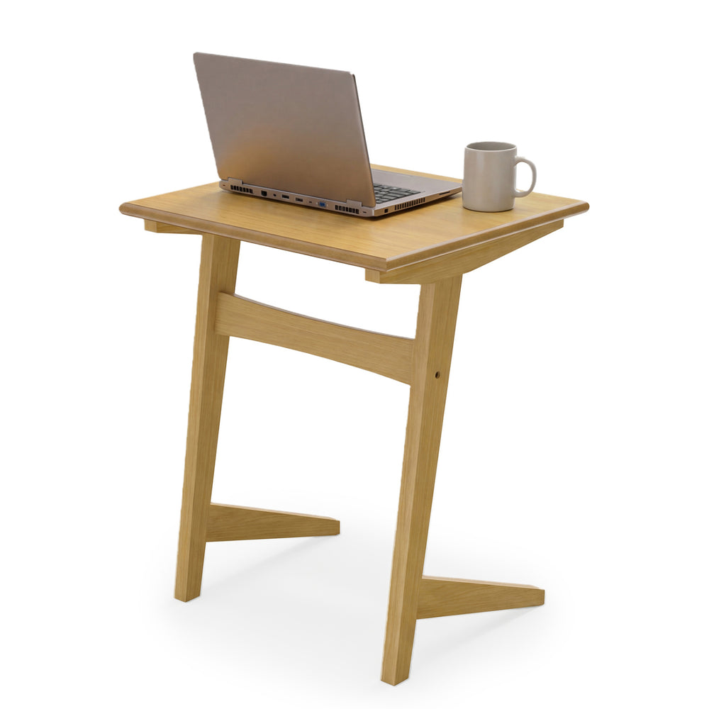 C-shaped wood side table with a wood veneered top, perfect for laptops and snacks beside a couch or bed.