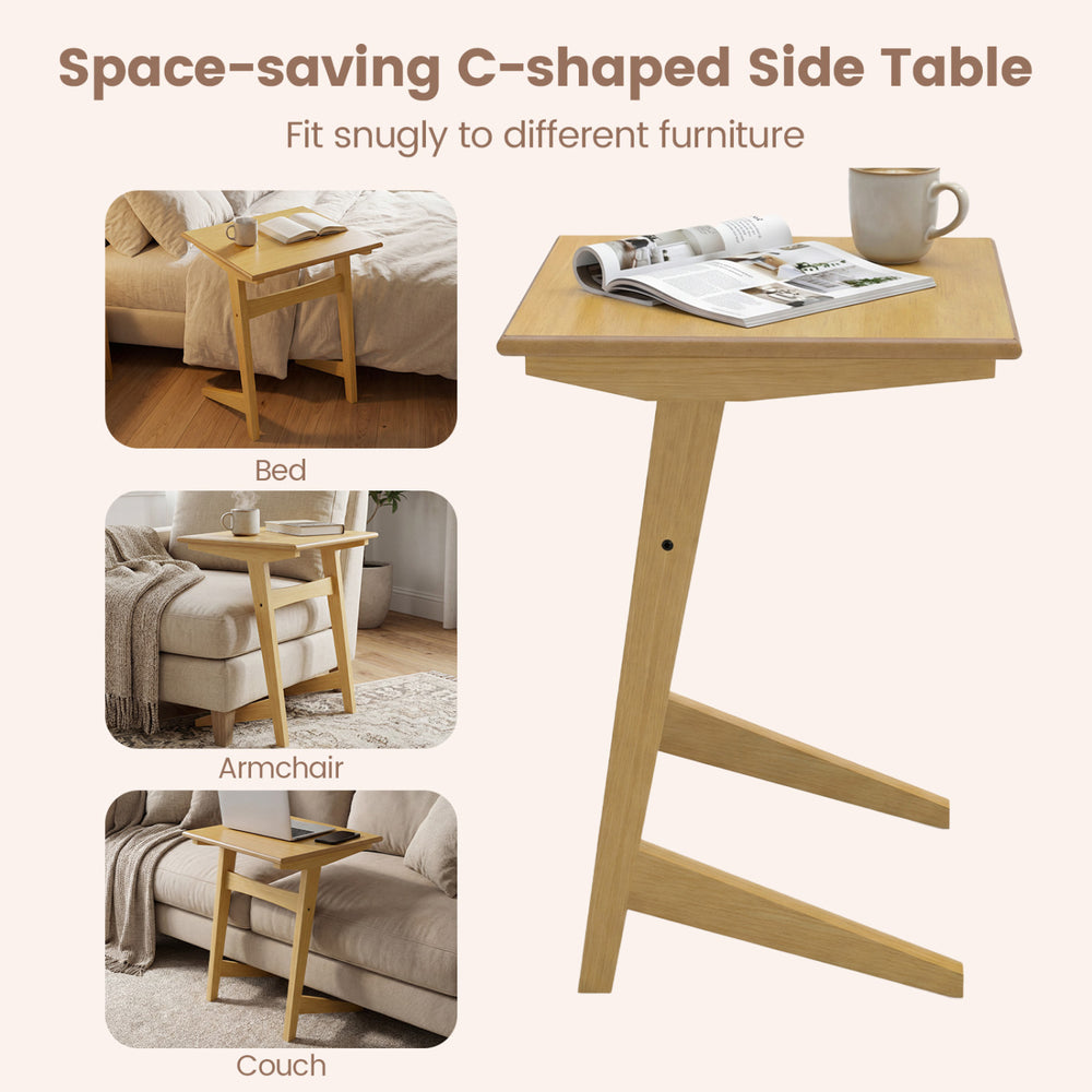 C-shaped wood side table with a solid rubber wood frame, ideal for use beside a bed, armchair, or couch.