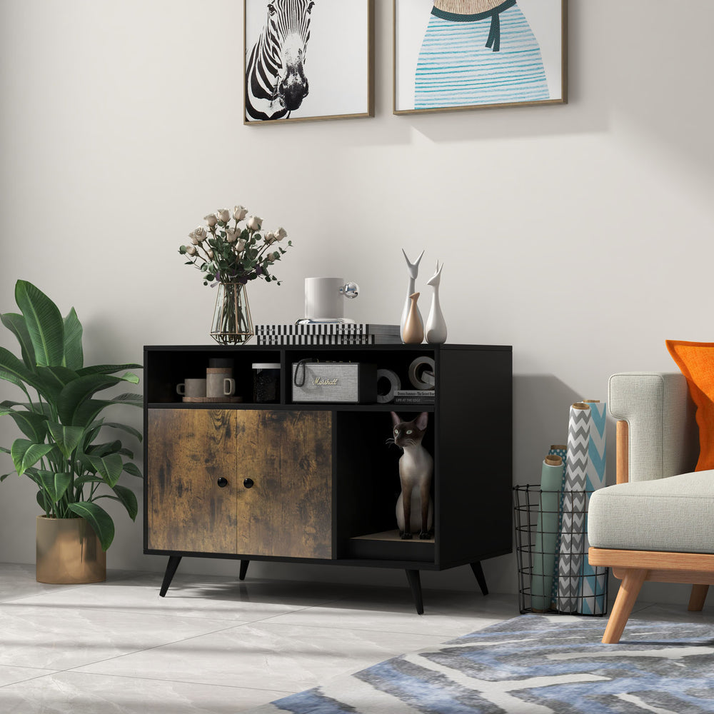 Cat litter box enclosure with storage compartments, highlighting two spacious compartments for cat essentials and decor.