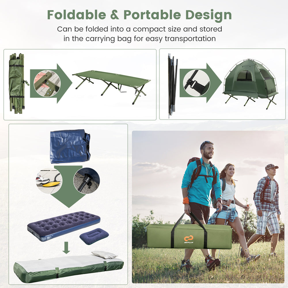 1-person folding camping tent cot with sunshade, air mattress, and carrying bag for easy transport and setup.