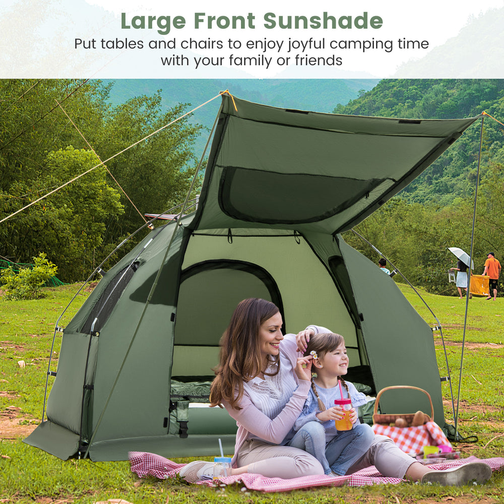 1-person camping tent with sunshade, featuring a spacious vestibule for family enjoyment in outdoor settings.