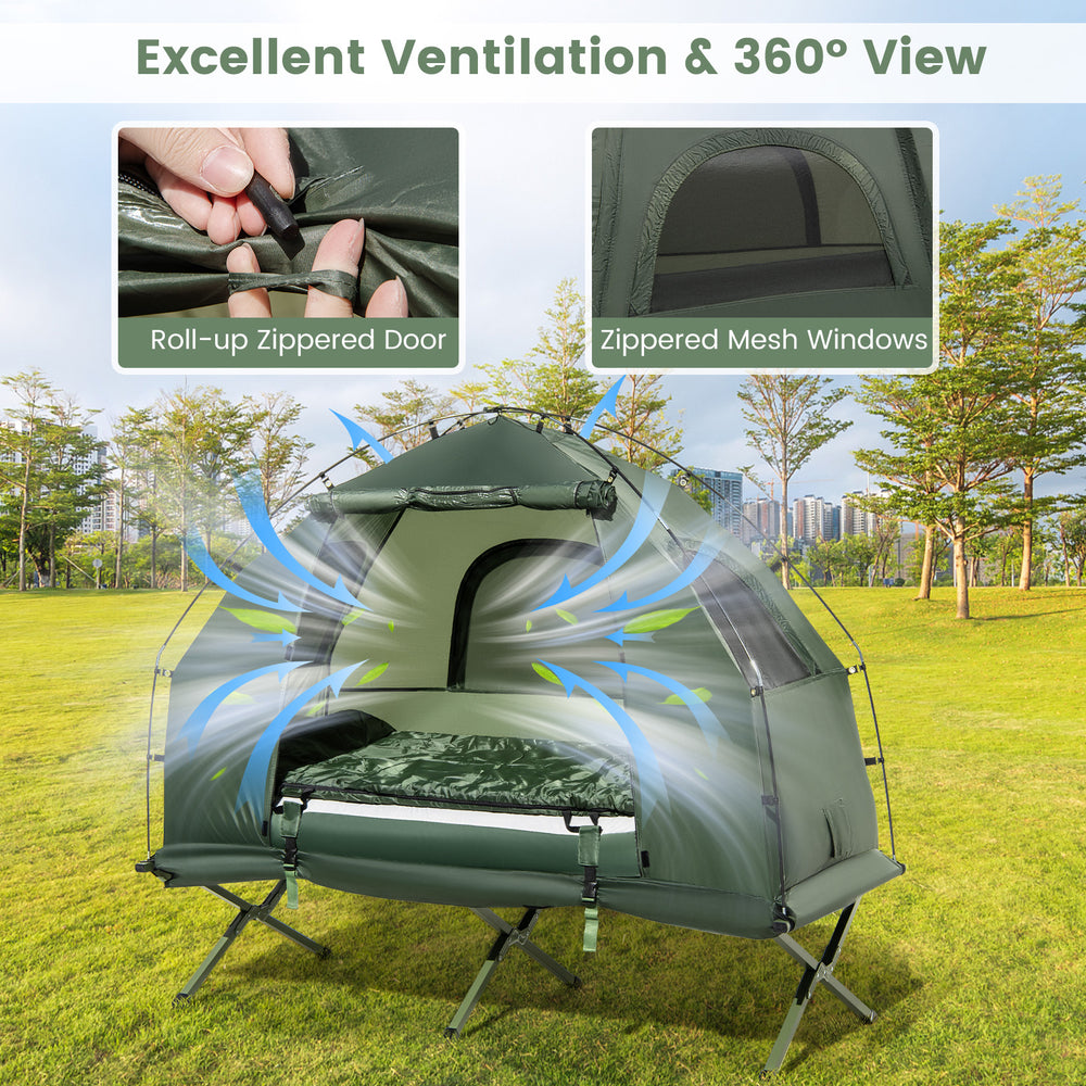 1-person folding camping tent with sunshade, featuring zippered mesh windows for 360° ventilation and an air mattress.
