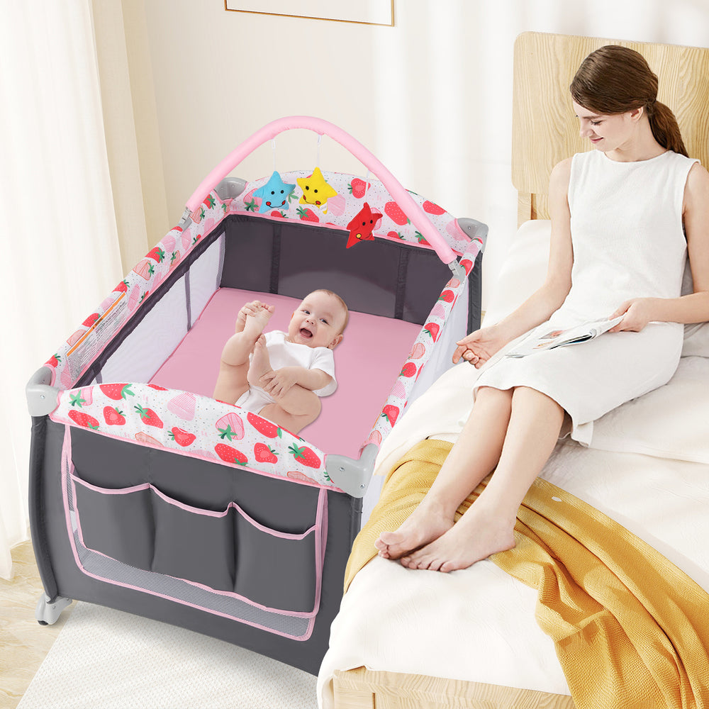 3-in-1 Portable Baby Playard with Zippered Door and Toy Bar-Red - Gallery View 1 of 11