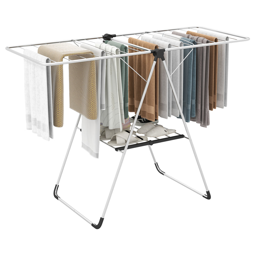 Folding 2-tier laundry drying rack with aluminum frame, featuring adjustable wings and compact design for easy storage.