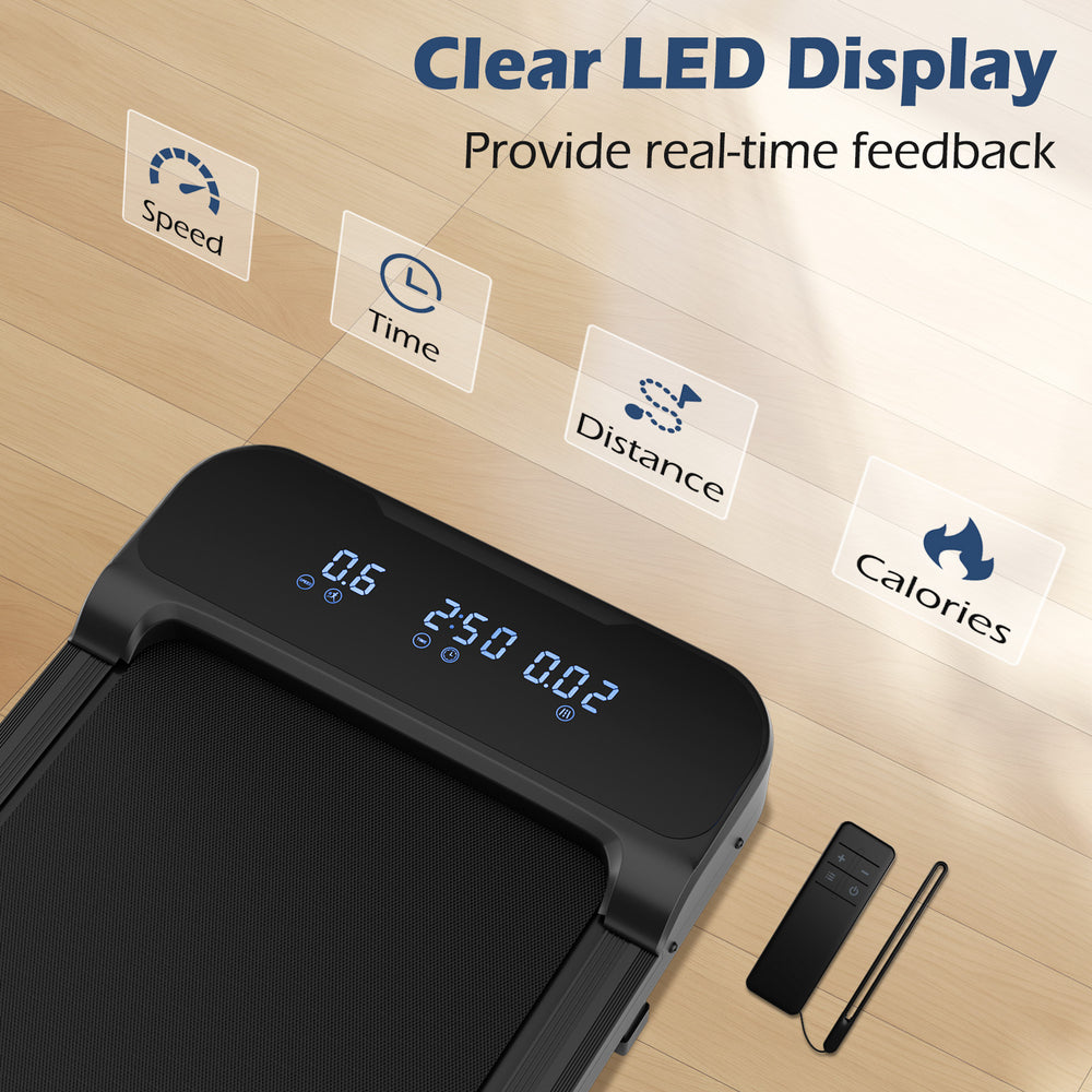 Clear LED display of the 2.5HP Under Desk Treadmill showing speed, time, distance, and calories for real-time tracking.