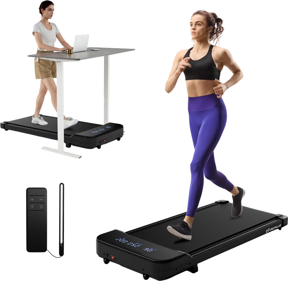 Under desk treadmill with remote control, 2.5HP motor, adjustable speed, and LED display for home or office use.